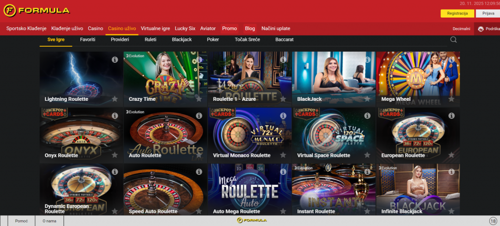 Live casino section at Formula